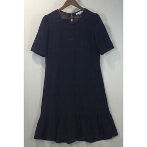 Gerard Darel Paris Navy Blue Eyelet Lace Ruffle Hem Shift Dress Size 12